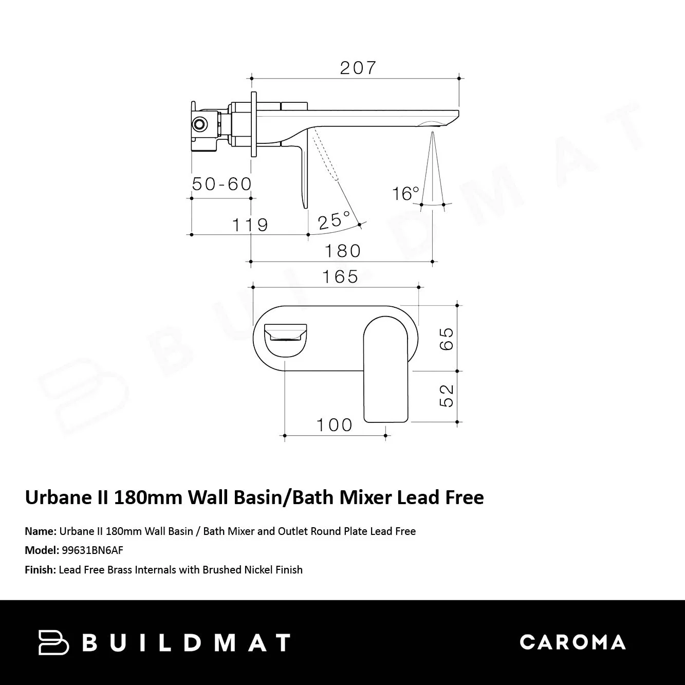 Caroma Urbane II 180mm Wall Basin/Bath Mixer and Outlet Round Plate Lead Free Brushed Nickel - Image 4