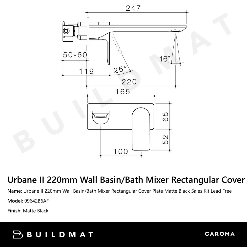 Caroma Urbane II 220mm Wall Basin/Bath Mixer Rectangular Cover Plate Lead Free Matte Black - Image 4