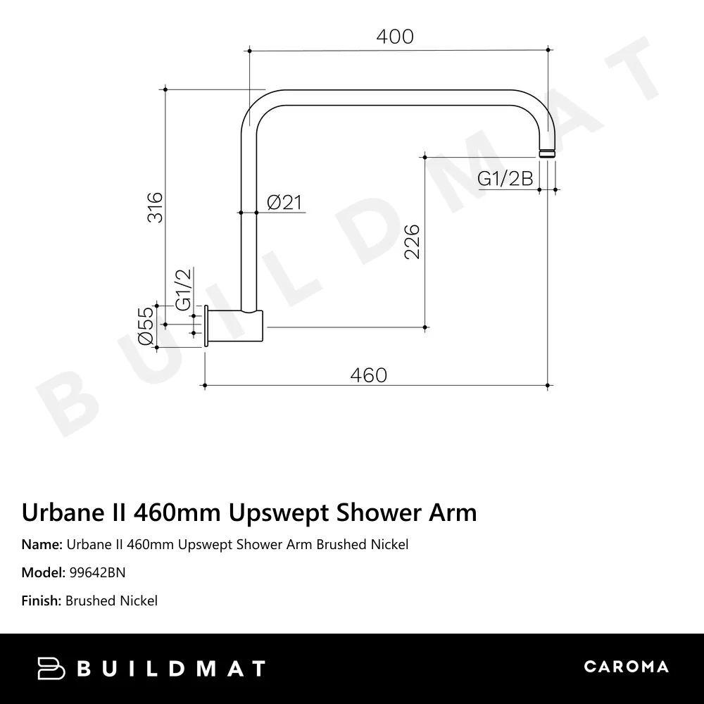 Caroma Urbane II 460mm Upswept Shower Arm Brushed Nickel - Image 4