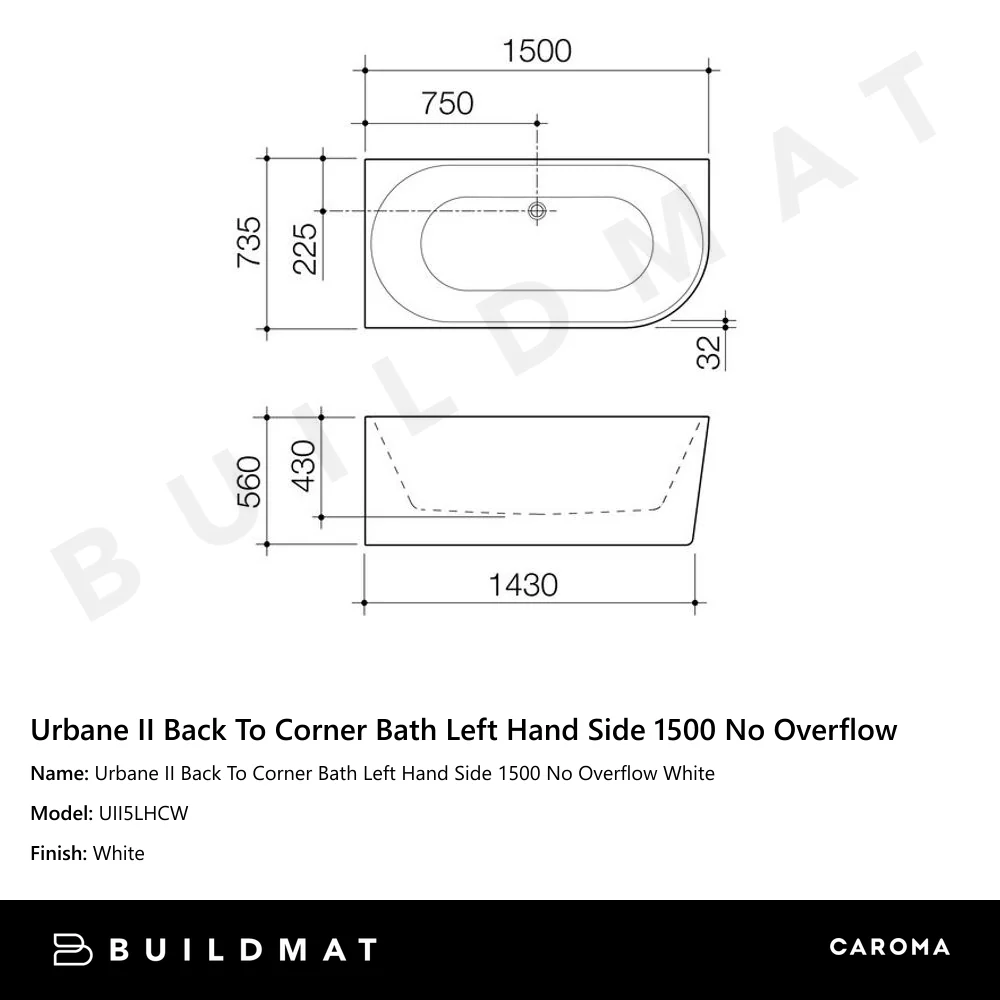 Caroma Urbane II Back To Corner Bath Left Hand Side 1500 No Overflow White - Image 4