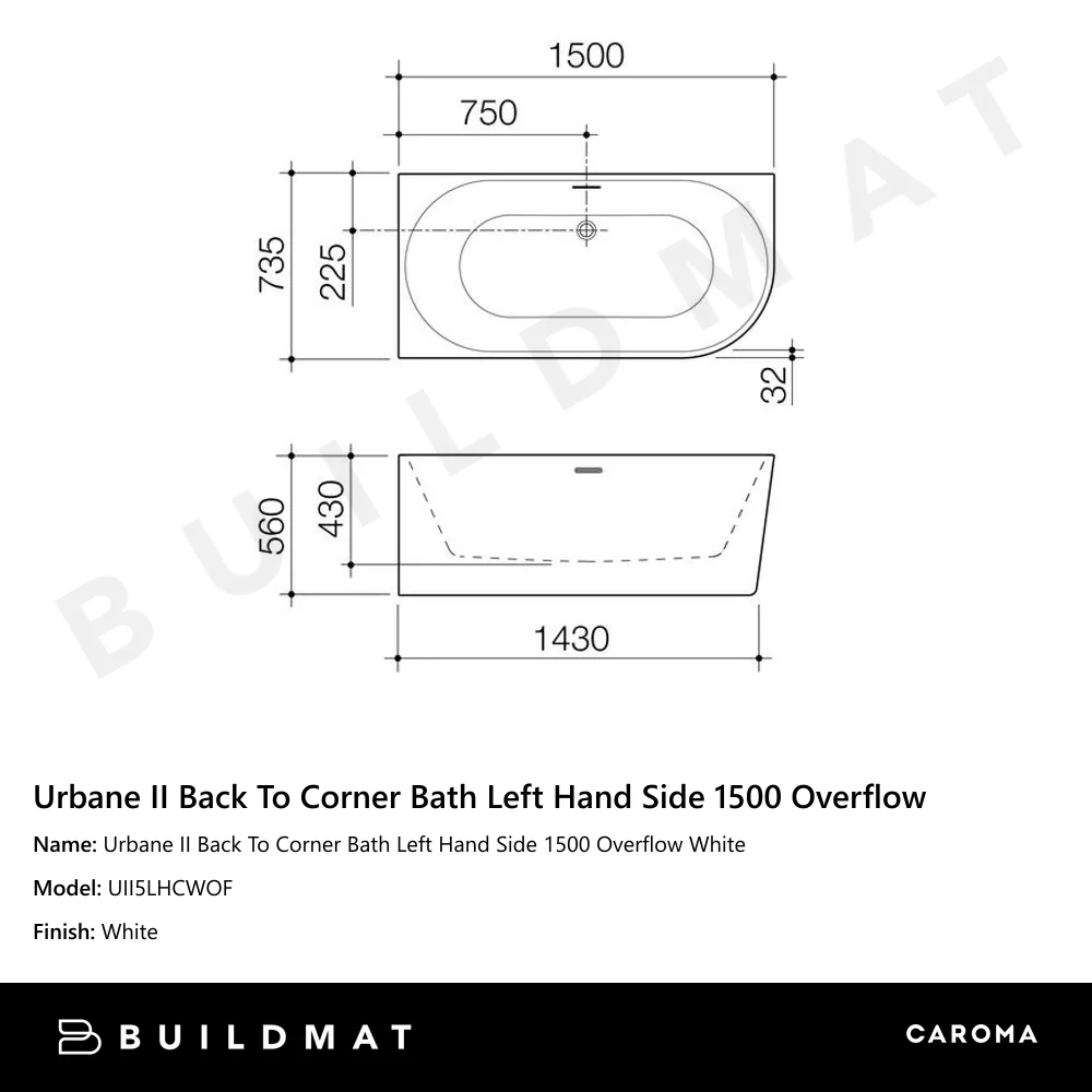 Caroma Urbane II Back To Corner Bath Left Hand Side 1500 Overflow White - Image 4