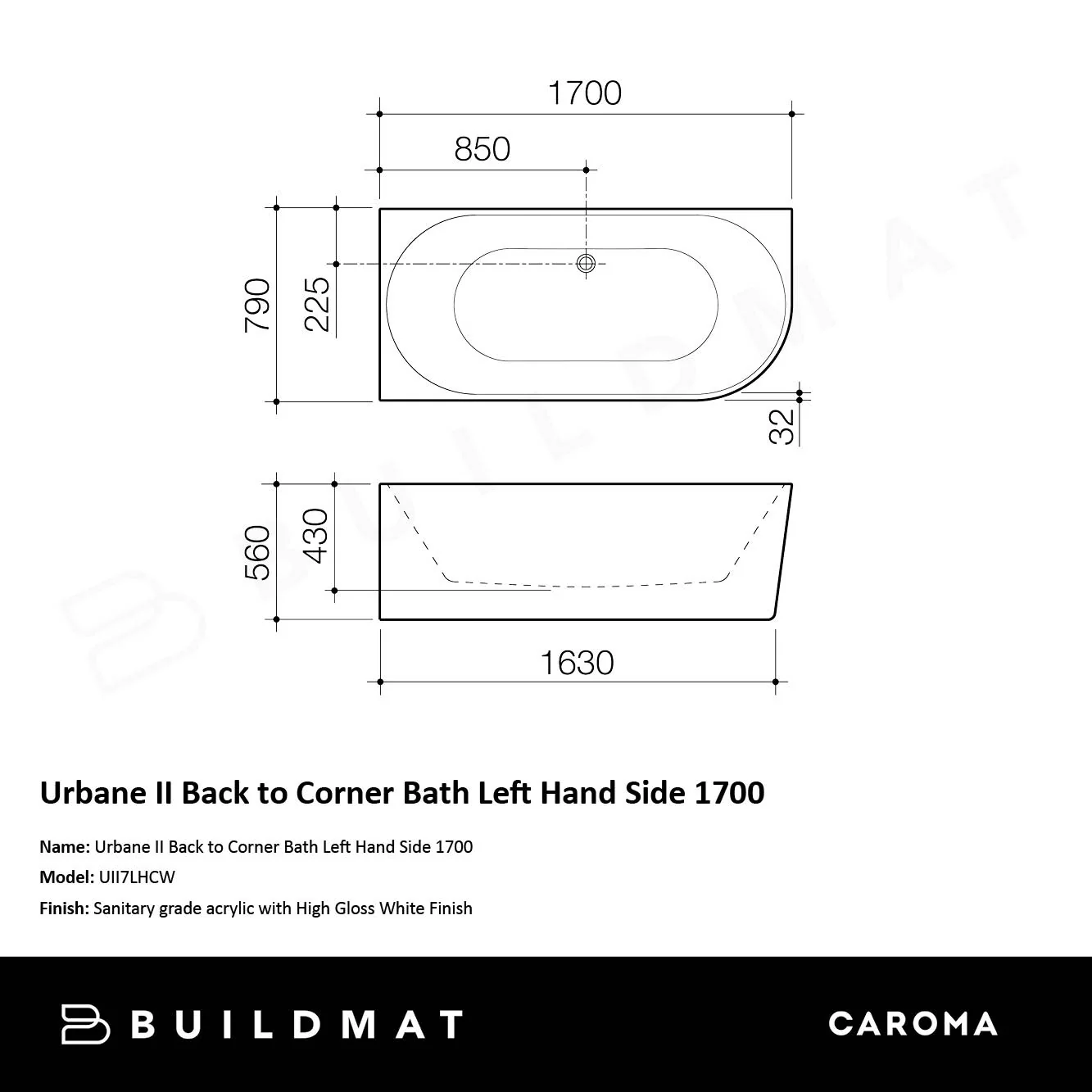 Caroma Urbane II Back to Corner Bath Left Hand Side 1700 - Image 5