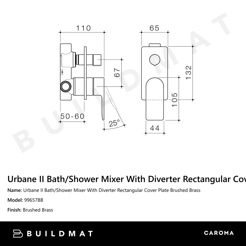 Caroma Urbane II Bath/Shower Mixer With Diverter Rectangular Cover Plate Brushed Brass - Image 4