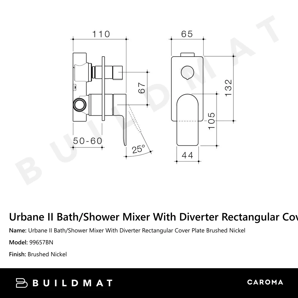 Caroma Urbane II Bath/Shower Mixer With Diverter Rectangular Cover Plate Brushed Nickel - Image 4