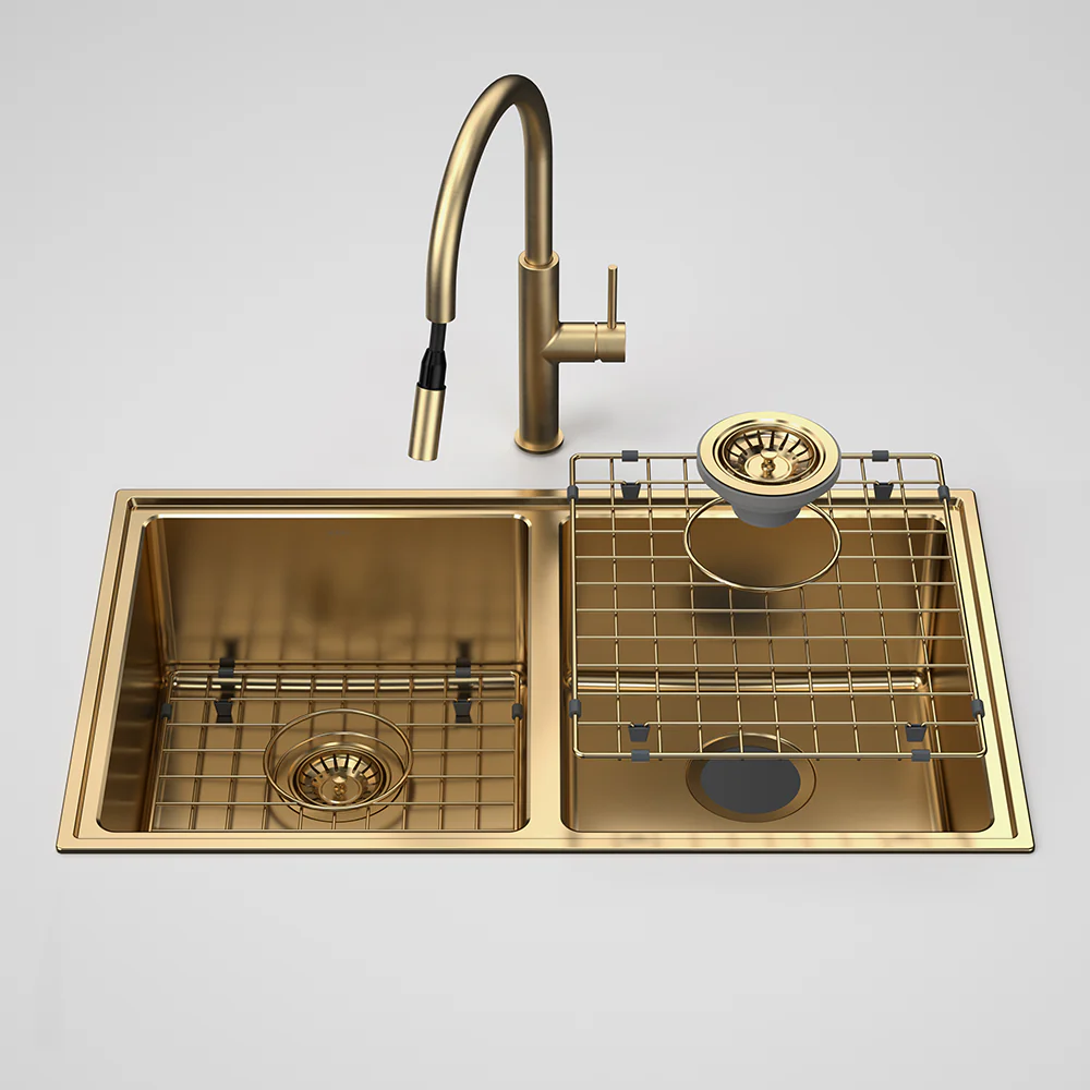 Caroma Urbane II Double Bowl Sink with Liano II Pull Out Sink Mixer Brushed Brass - Image 2