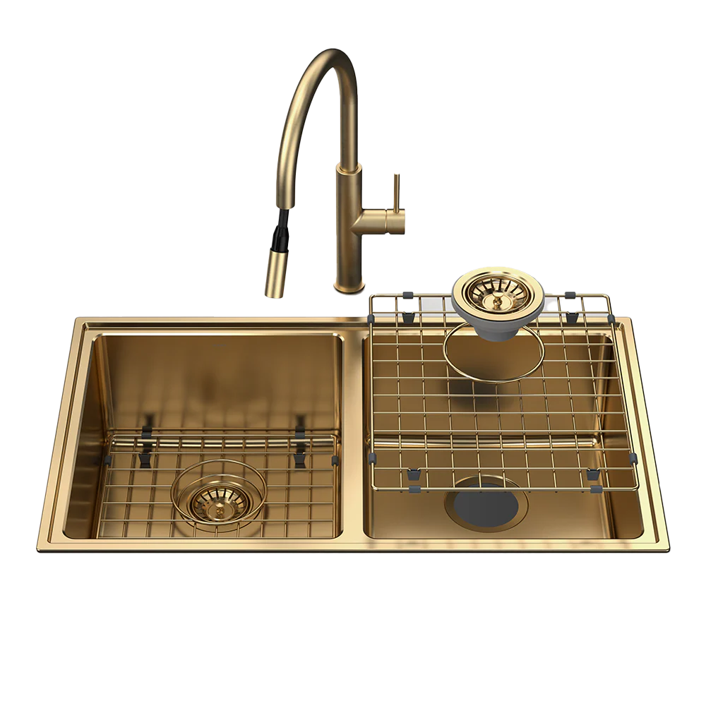 Caroma Urbane II Double Bowl Sink with Liano II Pull Out Sink Mixer Brushed Brass - Image 3
