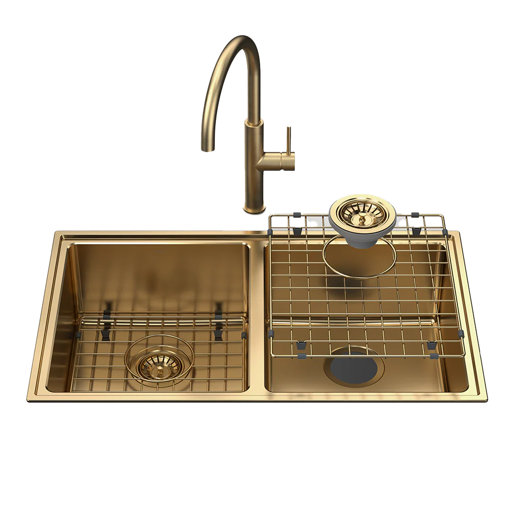 Caroma Urbane II Double Bowl Sink with Liano II Sink Mixer Brushed Brass - Image 3