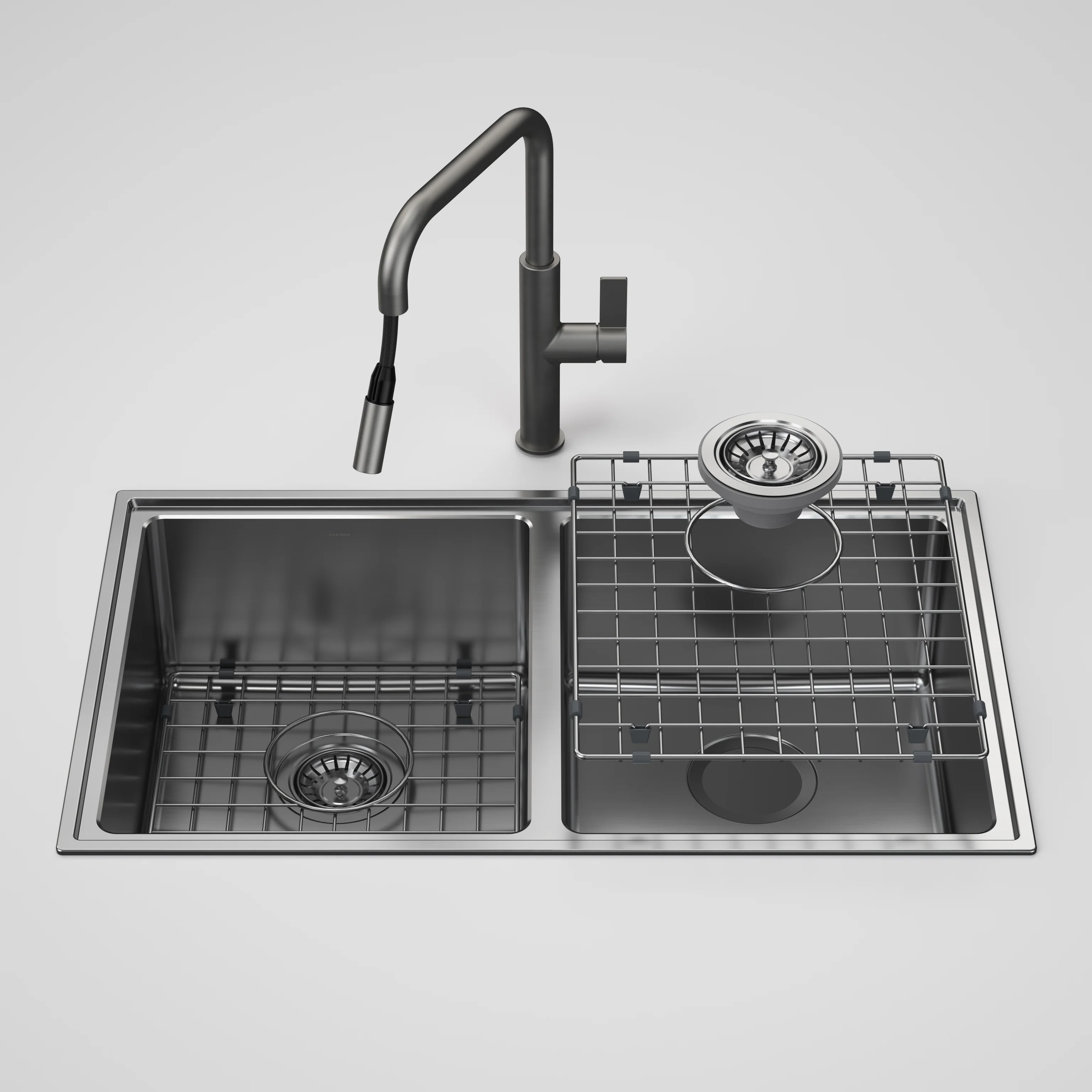 Caroma Urbane II Double Bowl Sink with Urbane II Pull Out Sink Mixer Gunmetal - Image 2