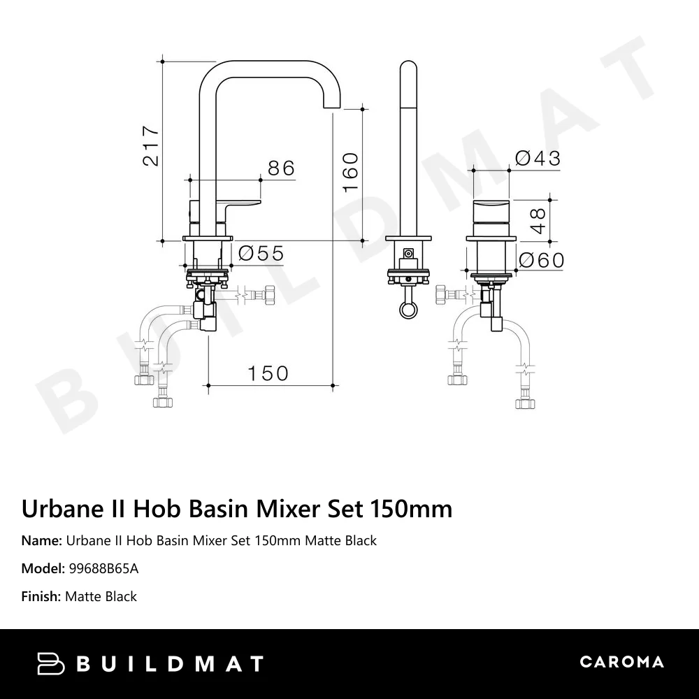 Caroma Urbane II Hob Basin Mixer Set 150mm Matte Black - Image 4