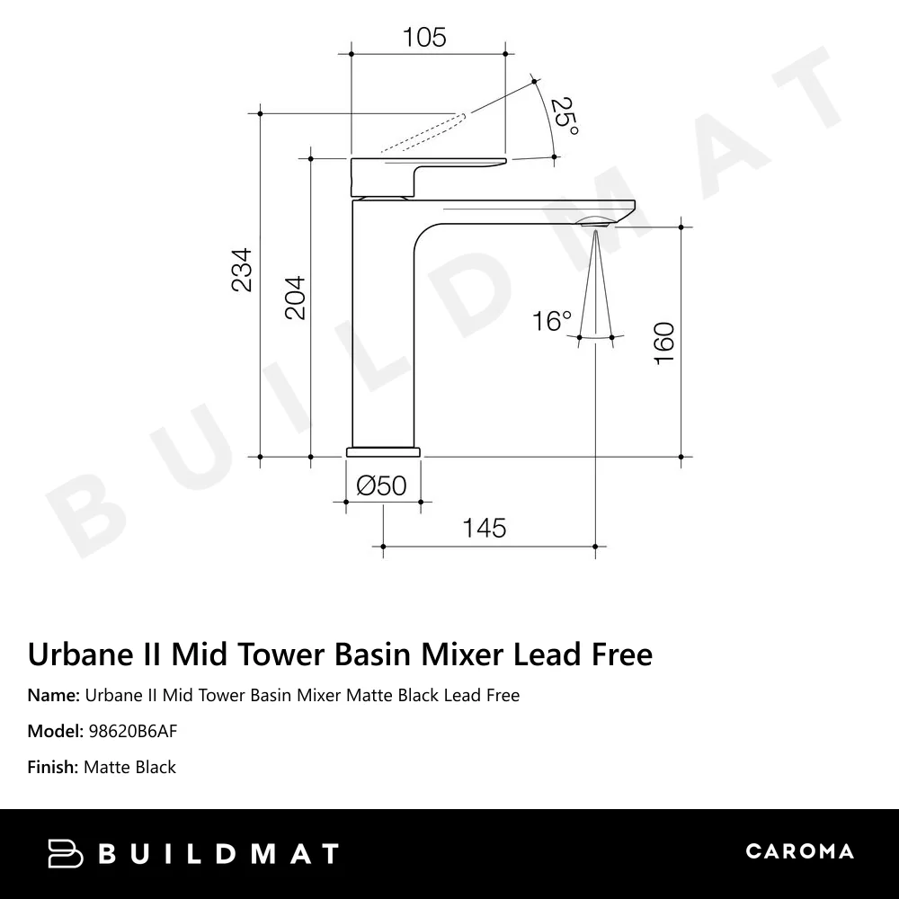 Caroma Urbane II Mid Tower Basin Mixer Lead Free Matte Black - Image 4