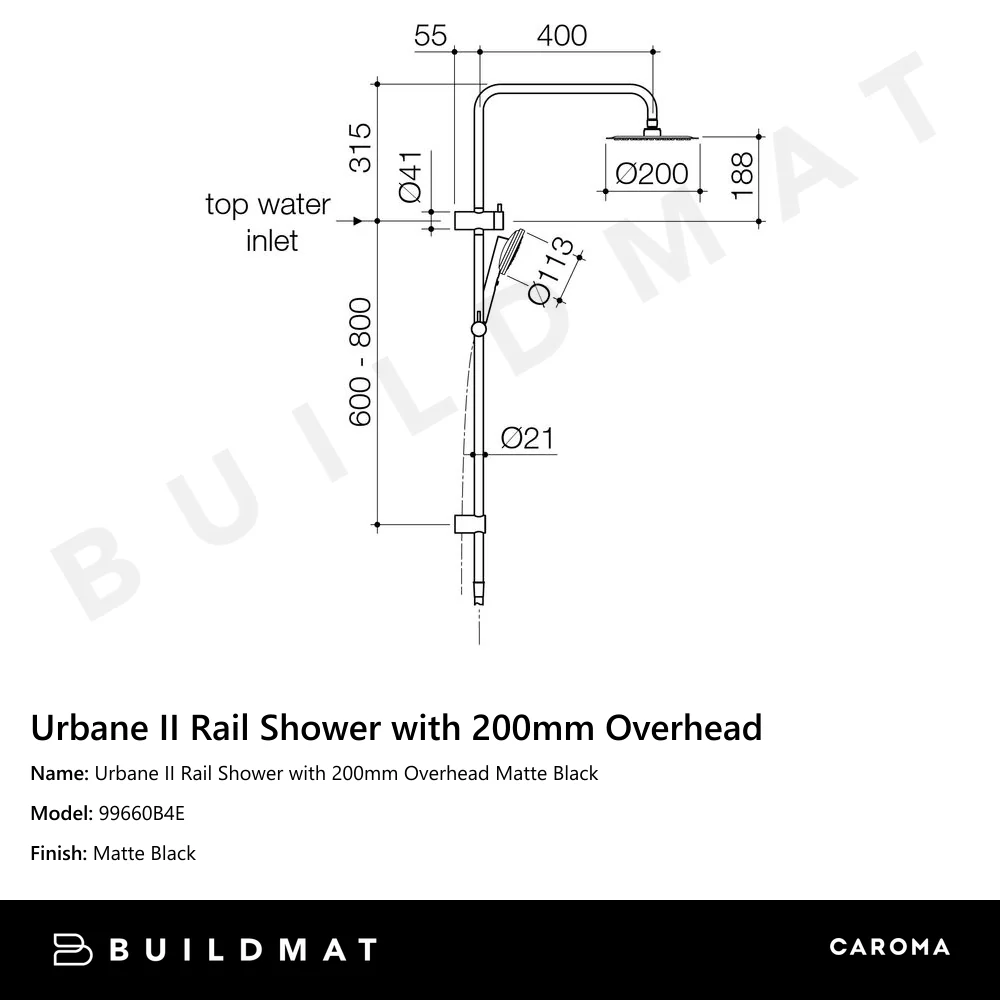 Caroma Urbane II Rail Shower with 200mm Overhead Matte Black - Image 4