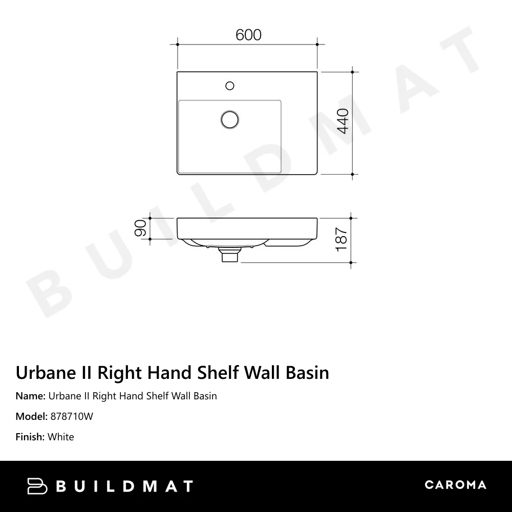 Caroma Urbane II Right Hand Shelf Wall Basin - Image 4