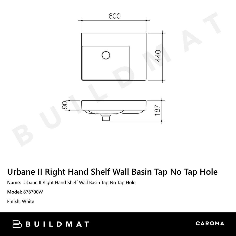 Caroma Urbane II Right Hand Shelf Wall Basin Tap No Tap Hole - Image 4