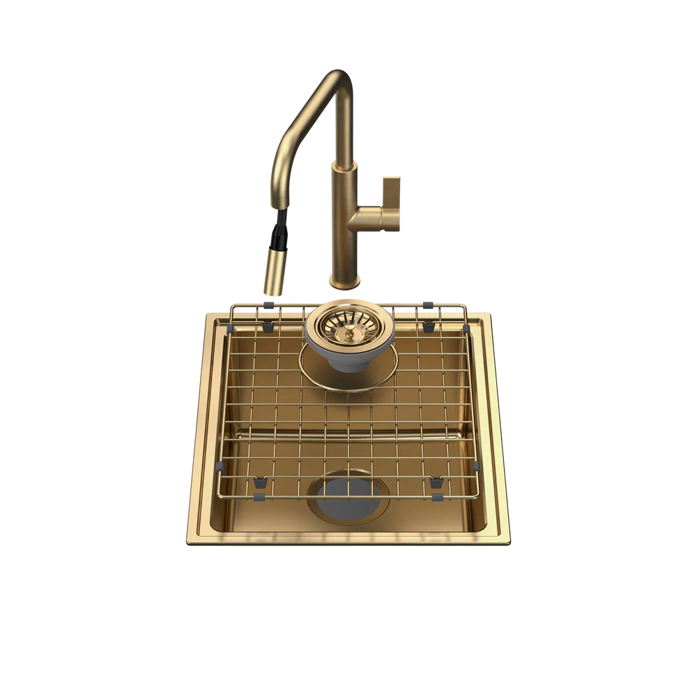 Caroma Urbane II Single Bowl Sink with Urbane II Pull Out Sink Mixer Brushed Brass - Image 3