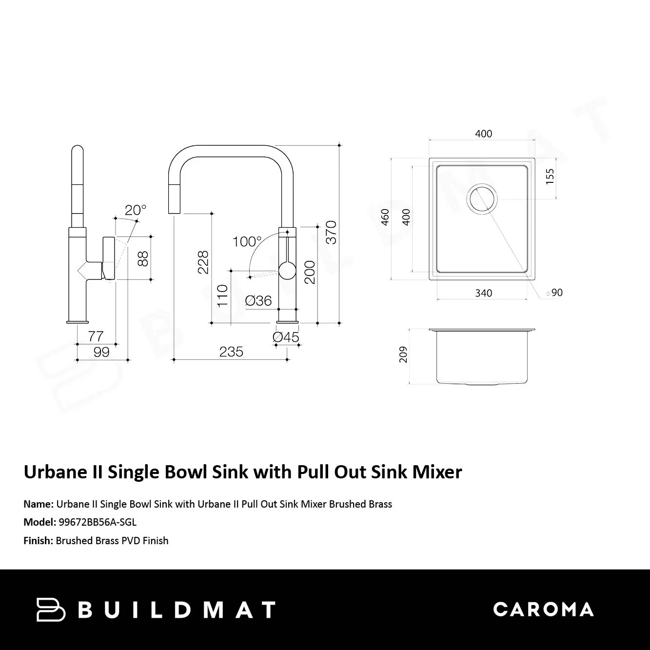 Caroma Urbane II Single Bowl Sink with Urbane II Pull Out Sink Mixer Brushed Brass - Image 4
