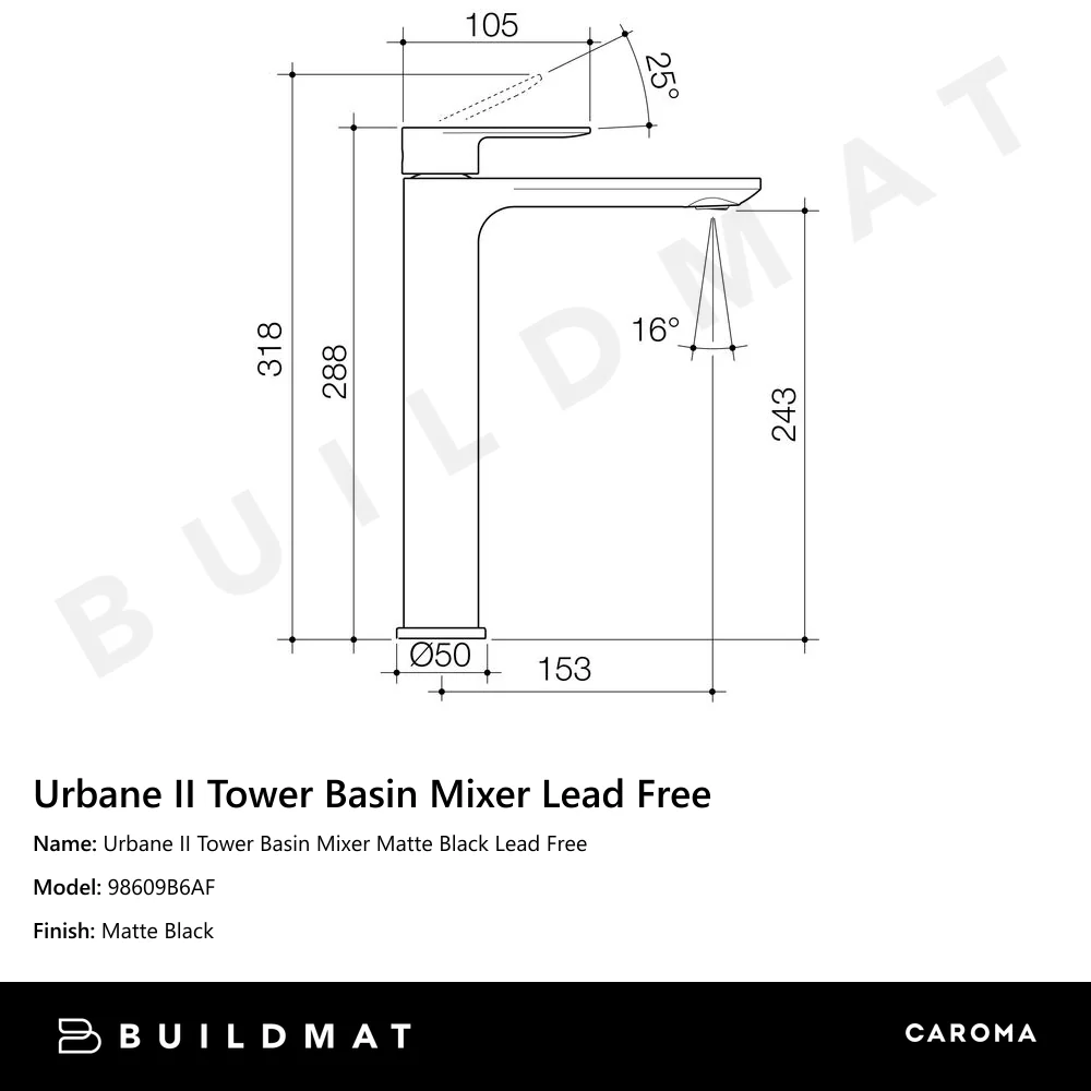 Caroma Urbane II Tower Basin Mixer Lead Free Matte Black - Image 4