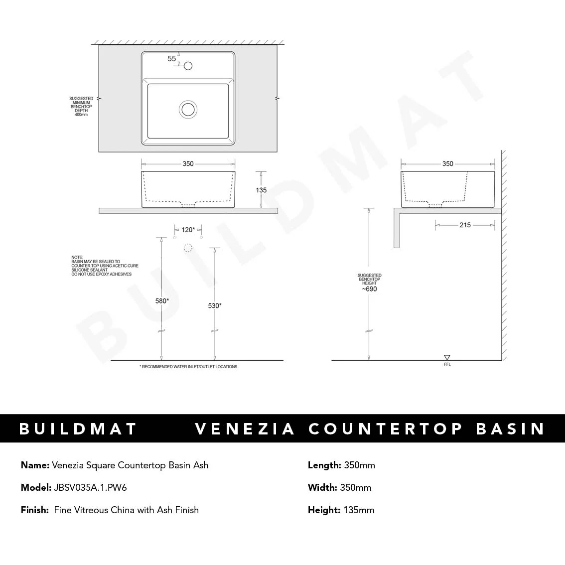 Johnson Suisse Venezia Ash Square Countertop Basin - Image 4
