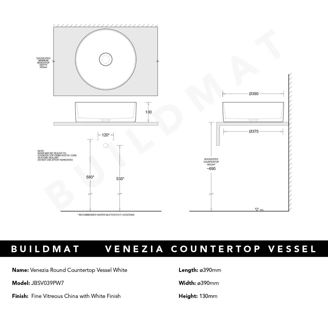 Johnson Suisse Venezia White Round Countertop Vessel - Image 4