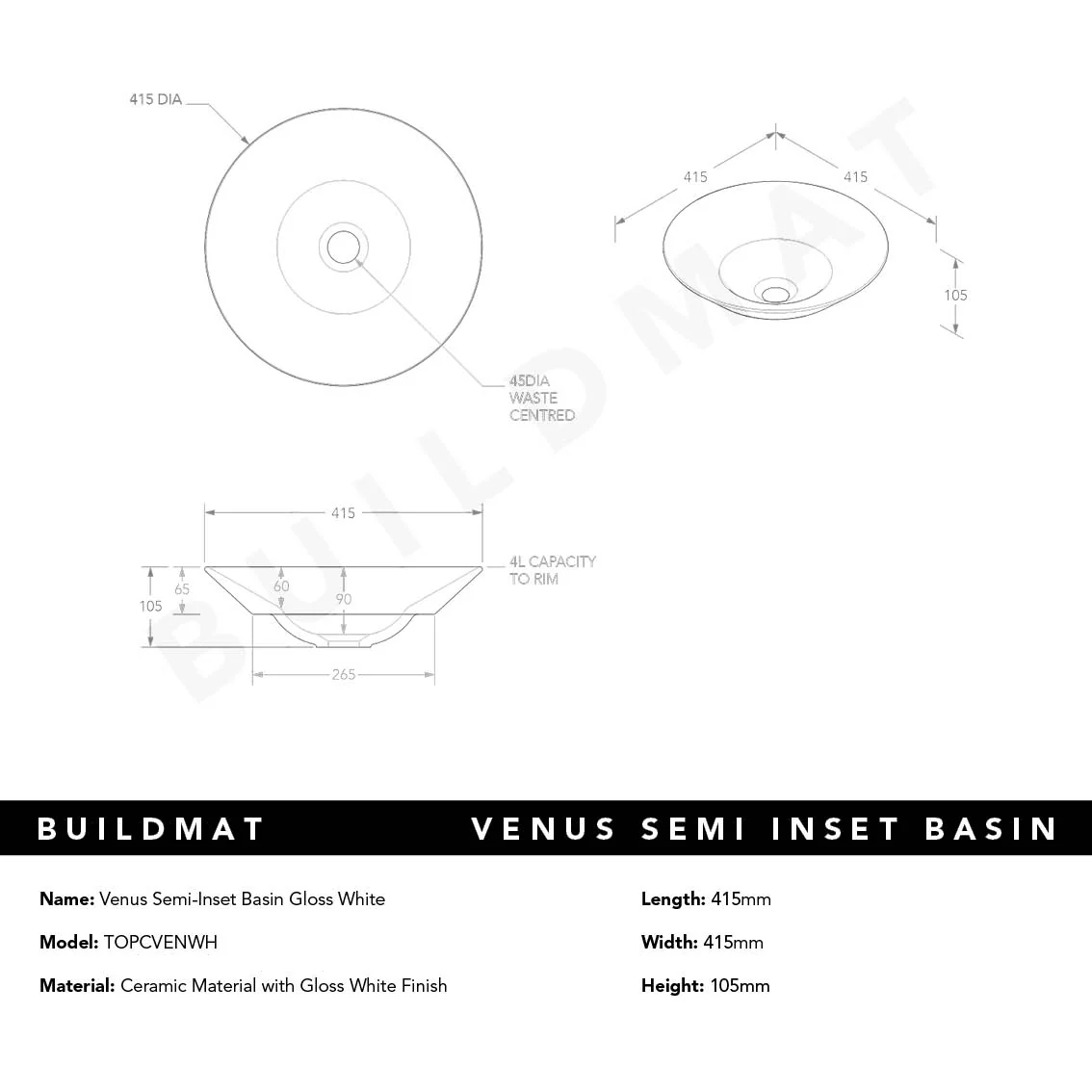 ADP Venus Gloss White Semi-Inset Basin - Image 4