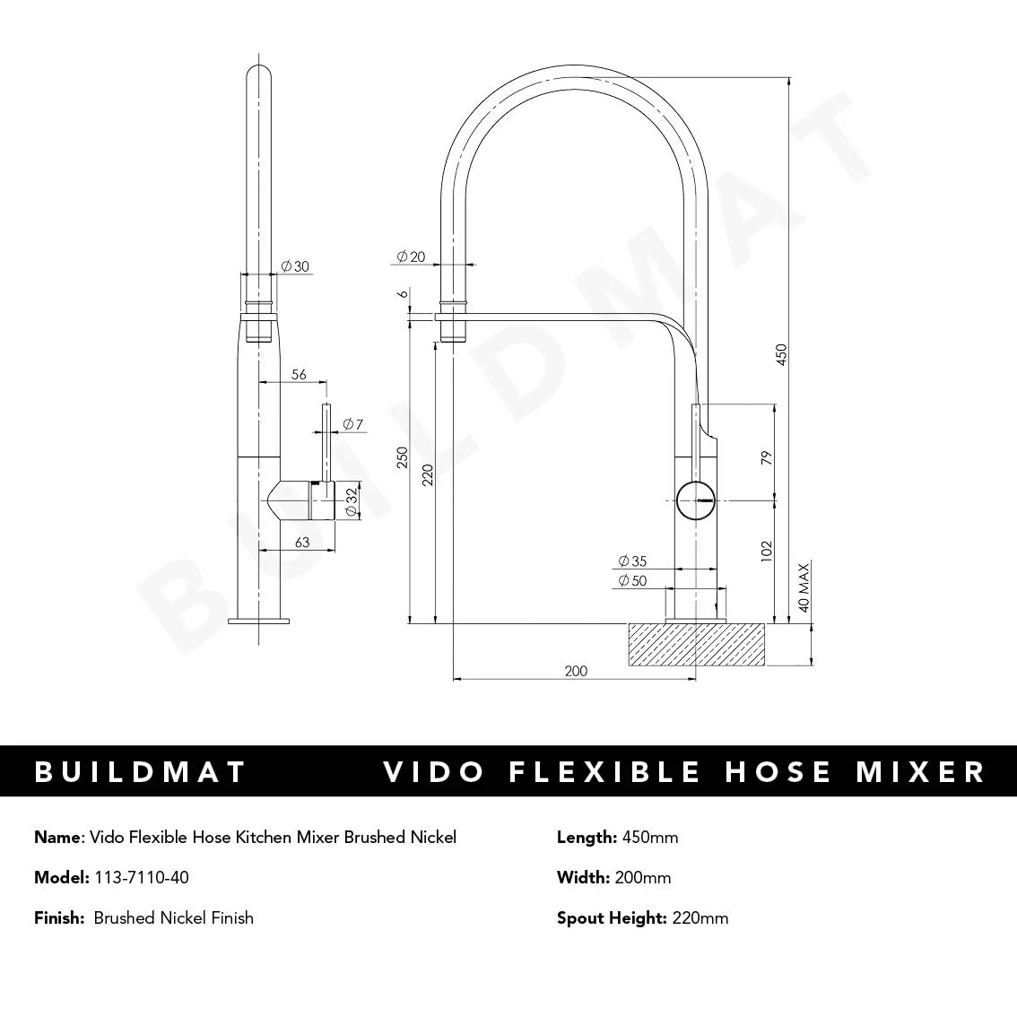 Phoenix Vido Flexible Hose Kitchen Mixer Brushed Nickel - Image 4