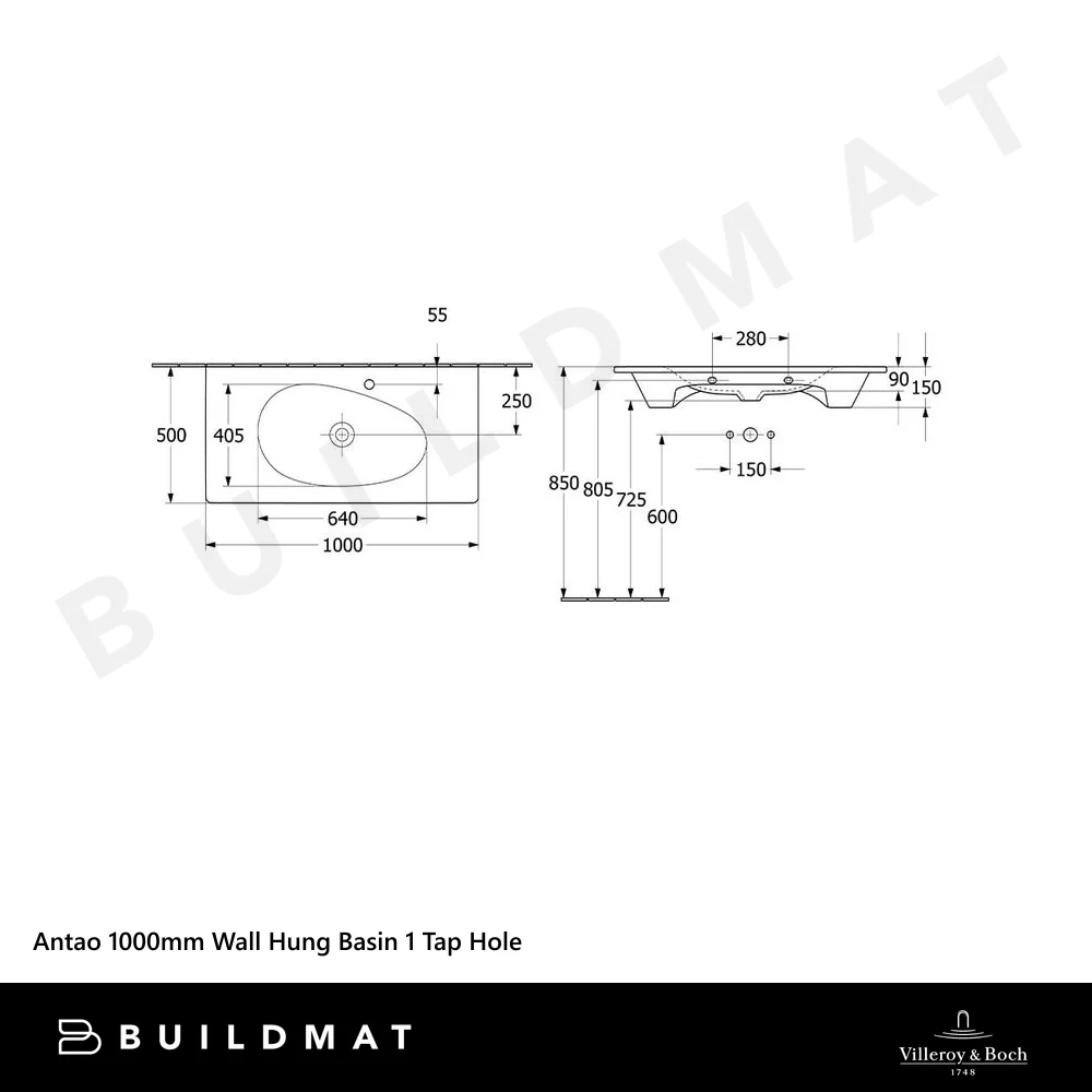 Villeroy & Boch Antao 1000mm Wall Hung Basin 1 Tap Hole Stone White - Image 4