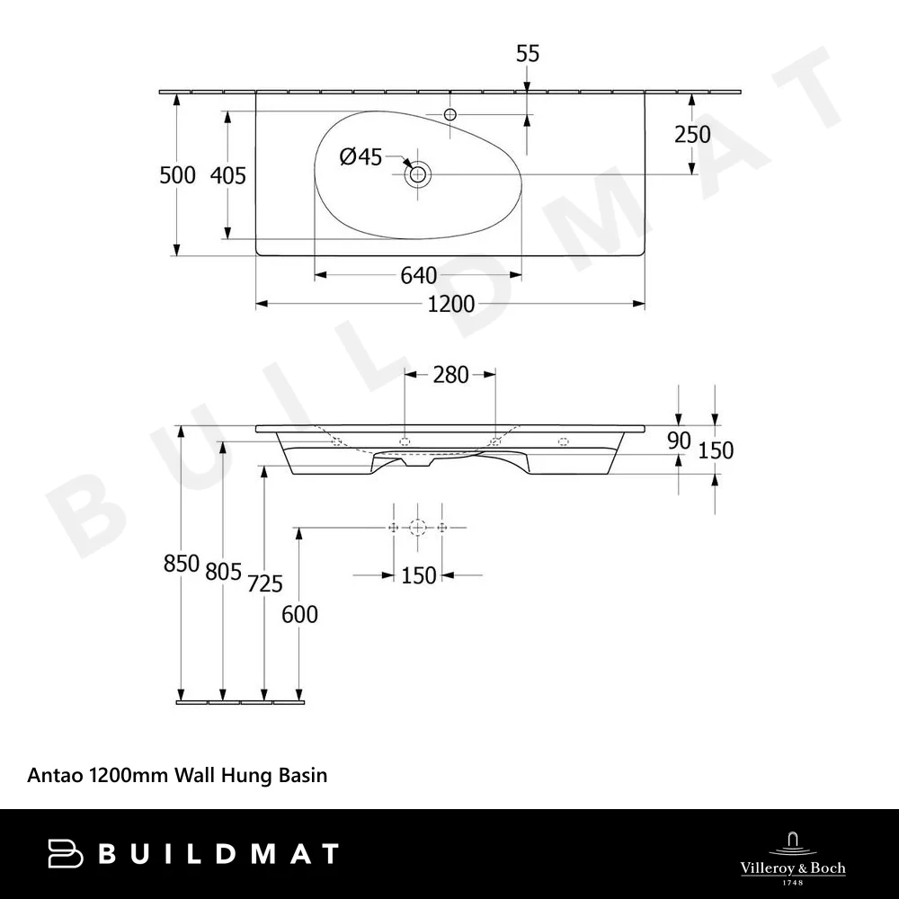 Villeroy & Boch Antao 1200mm Wall Hung Basin Stone White - Image 4