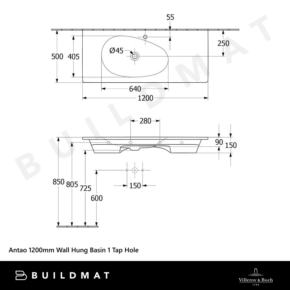 Villeroy & Boch Antao 1200mm Wall Hung Basin 1 Tap Hole Alpine White - Image 4