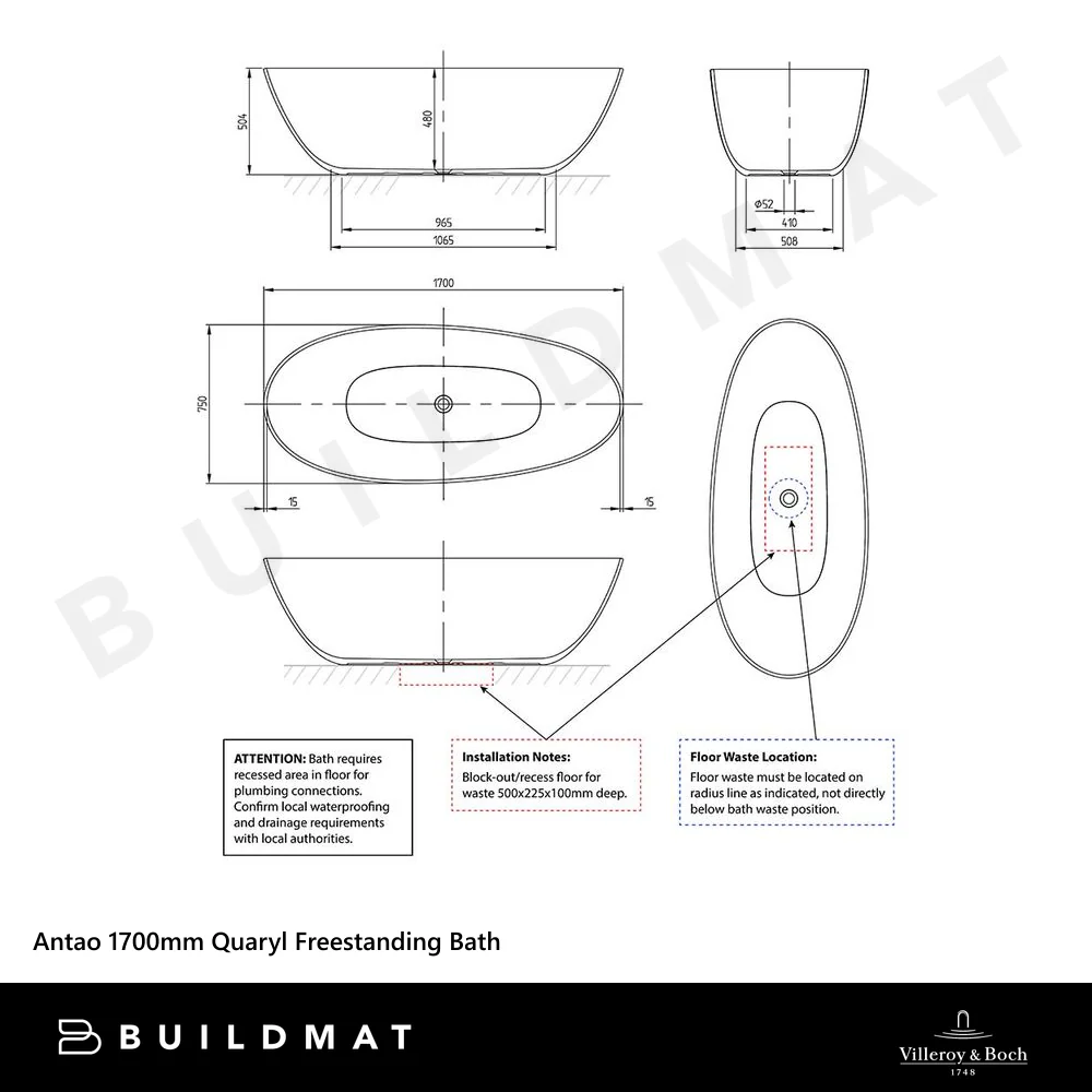 Villeroy & Boch Antao 1700mm Quaryl Freestanding Bath Stone White - Image 4