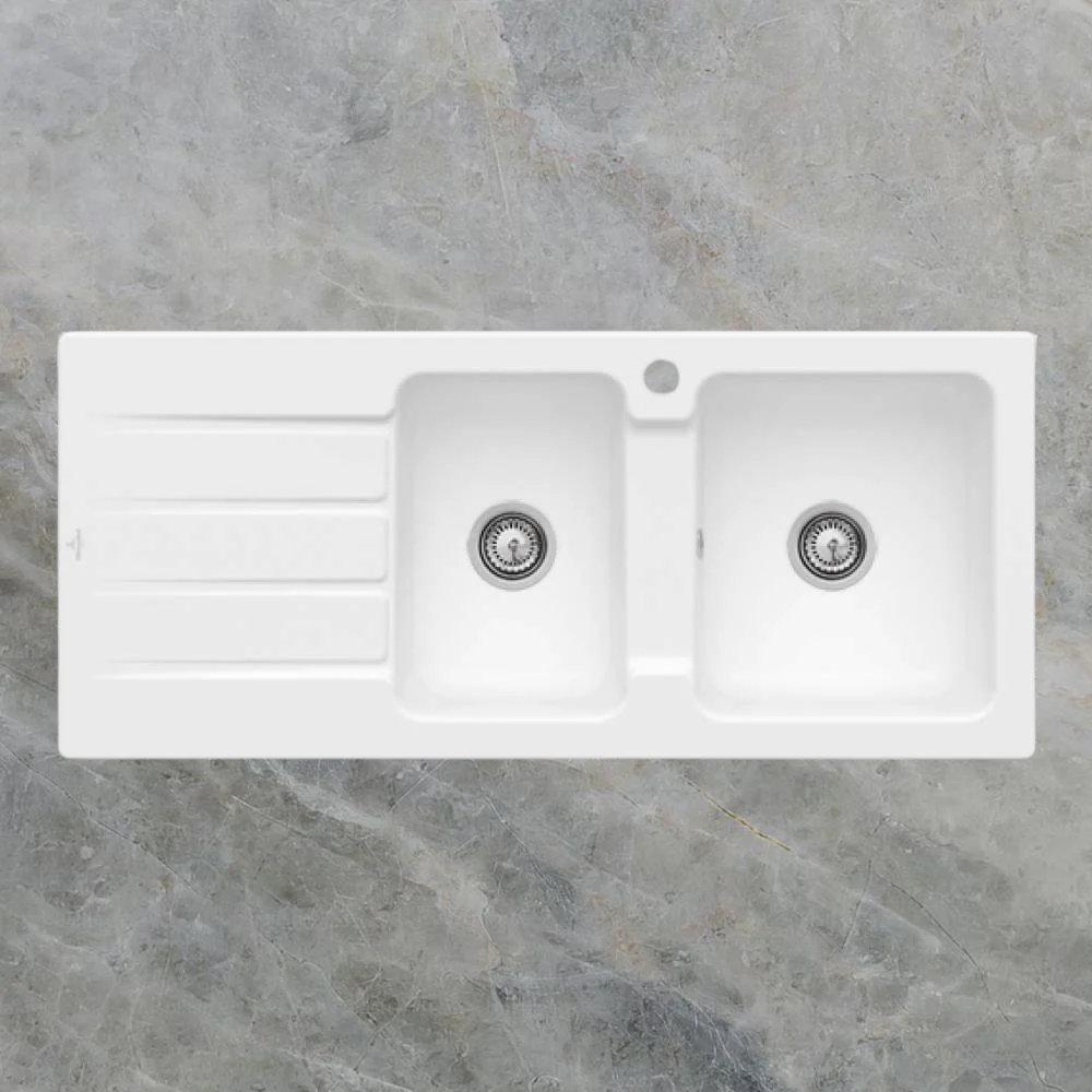 Villeroy & Boch Architectura 80mm 1160mm 1 and 3/4 Sink with Left Hand Drainboard and Overflow 1 Tap Hole Stone White - Image 2