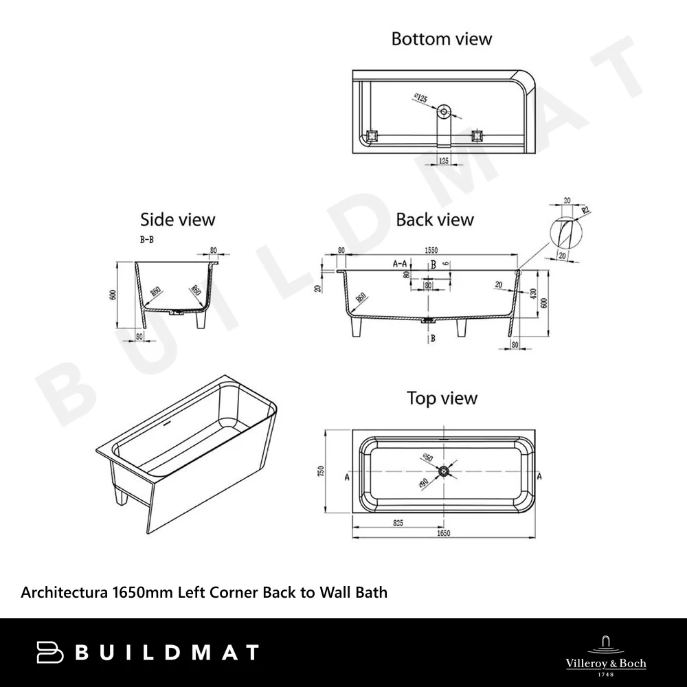 Villeroy & Boch Architectura 1650mm Left Corner Back to Wall Bath CastStone White - Image 4