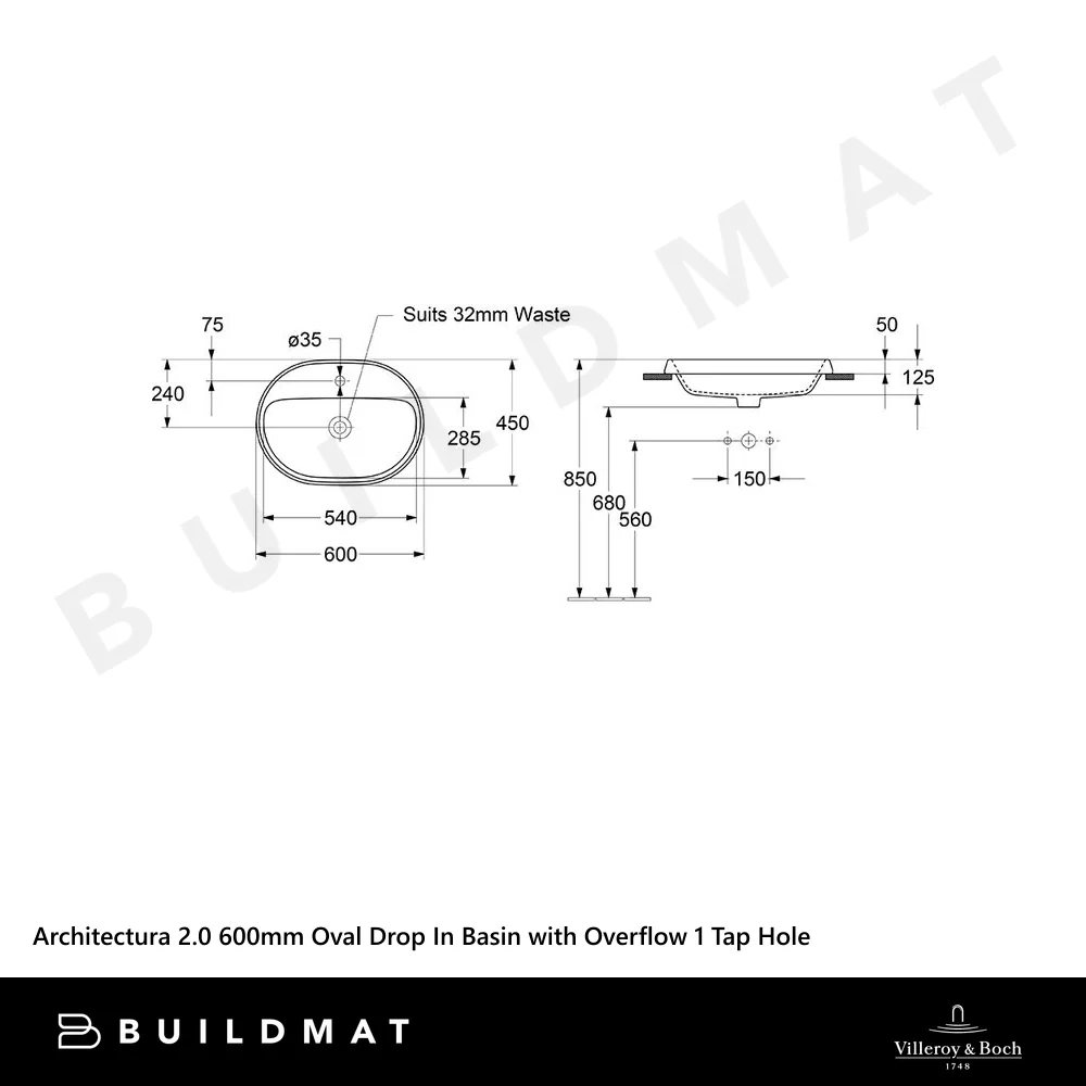 Villeroy & Boch Architectura 2.0 600mm Oval Drop In Basin with Overflow 1 Tap Hole Alpine White - Image 4