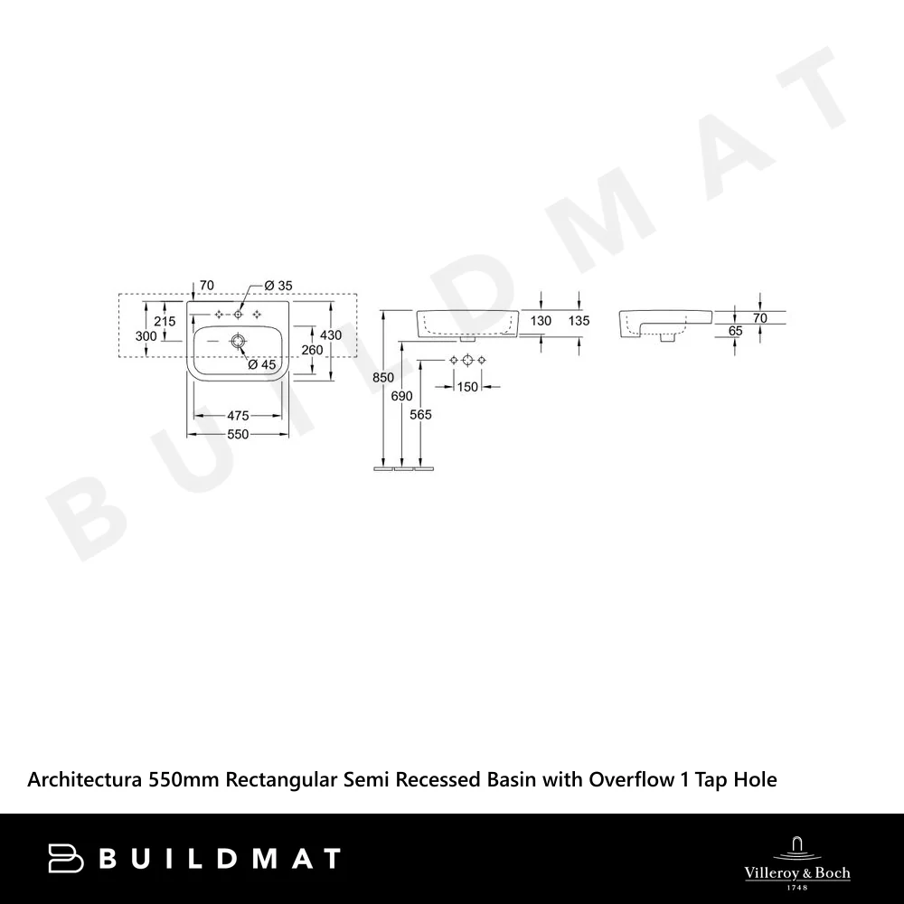 Villeroy & Boch Architectura 550mm Rectangular Semi Recessed Basin with Overflow 1 Tap Hole Alpine White - Image 4