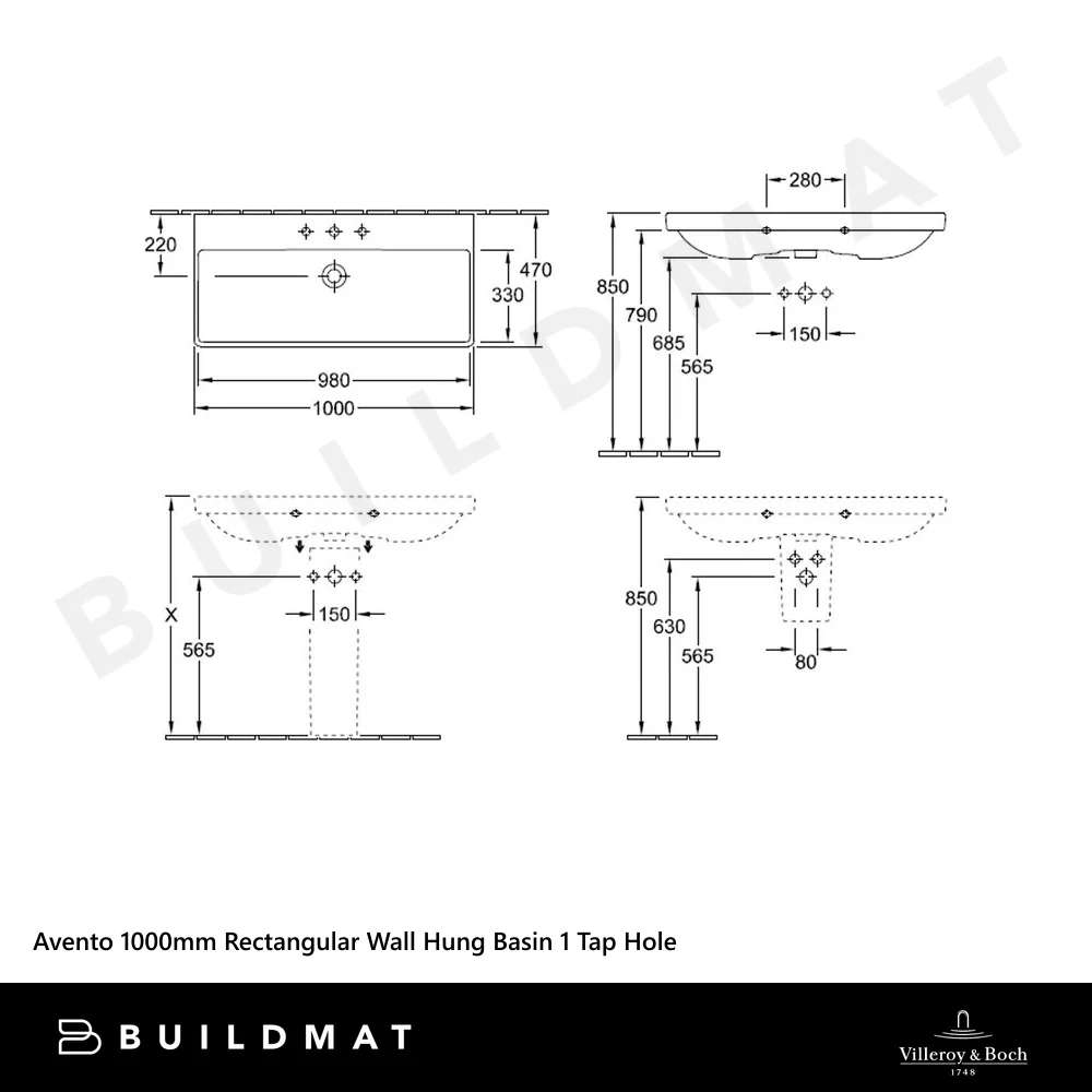 Villeroy & Boch Avento 1000mm Rectangular Wall Hung Basin 1 Tap Hole Alpine White - Image 4