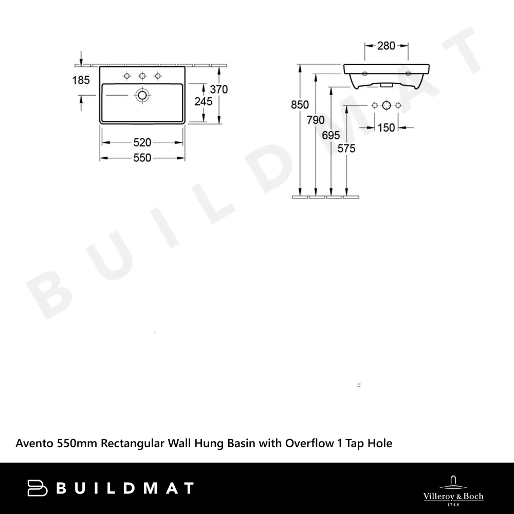 Villeroy & Boch Avento 550mm Rectangular Wall Hung Basin with Overflow 1 Tap Hole Alpine White - Image 4