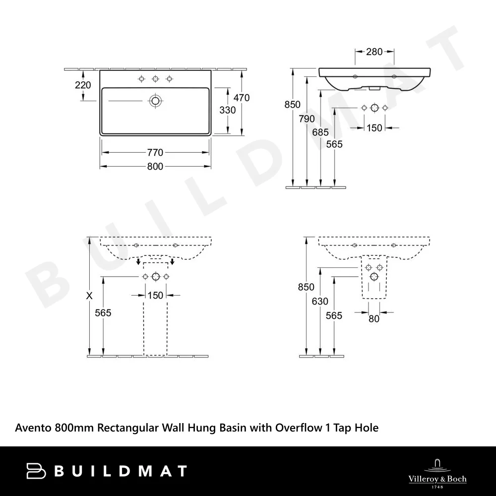Villeroy & Boch Avento 800mm Rectangular Wall Hung Basin with Overflow 1 Tap Hole Alpine White - Image 4