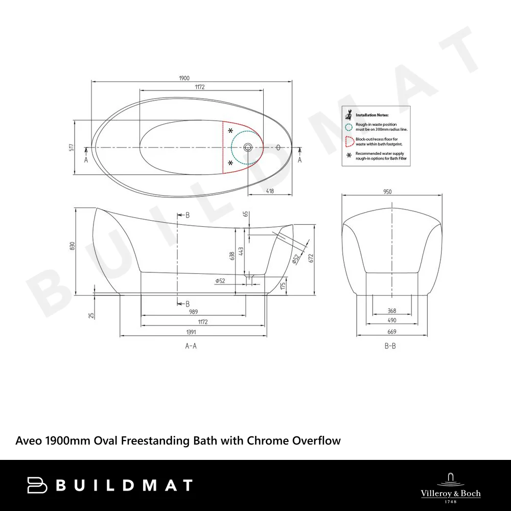Villeroy & Boch Aveo 1900mm Oval Freestanding Bath with Chrome Overflow Waste - Image 4