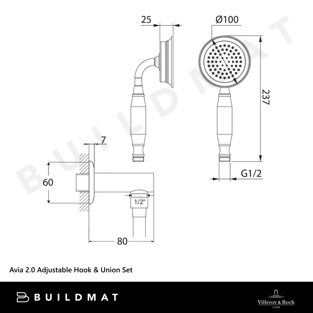 Villeroy & Boch Avia 2.0 Adjustable Hook & Union Shower Set Chrome - Image 4