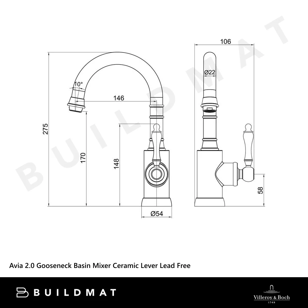 Villeroy & Boch Avia 2.0 Gooseneck Basin Mixer Ceramic Lever Brushed Gold Lead Free - Image 4
