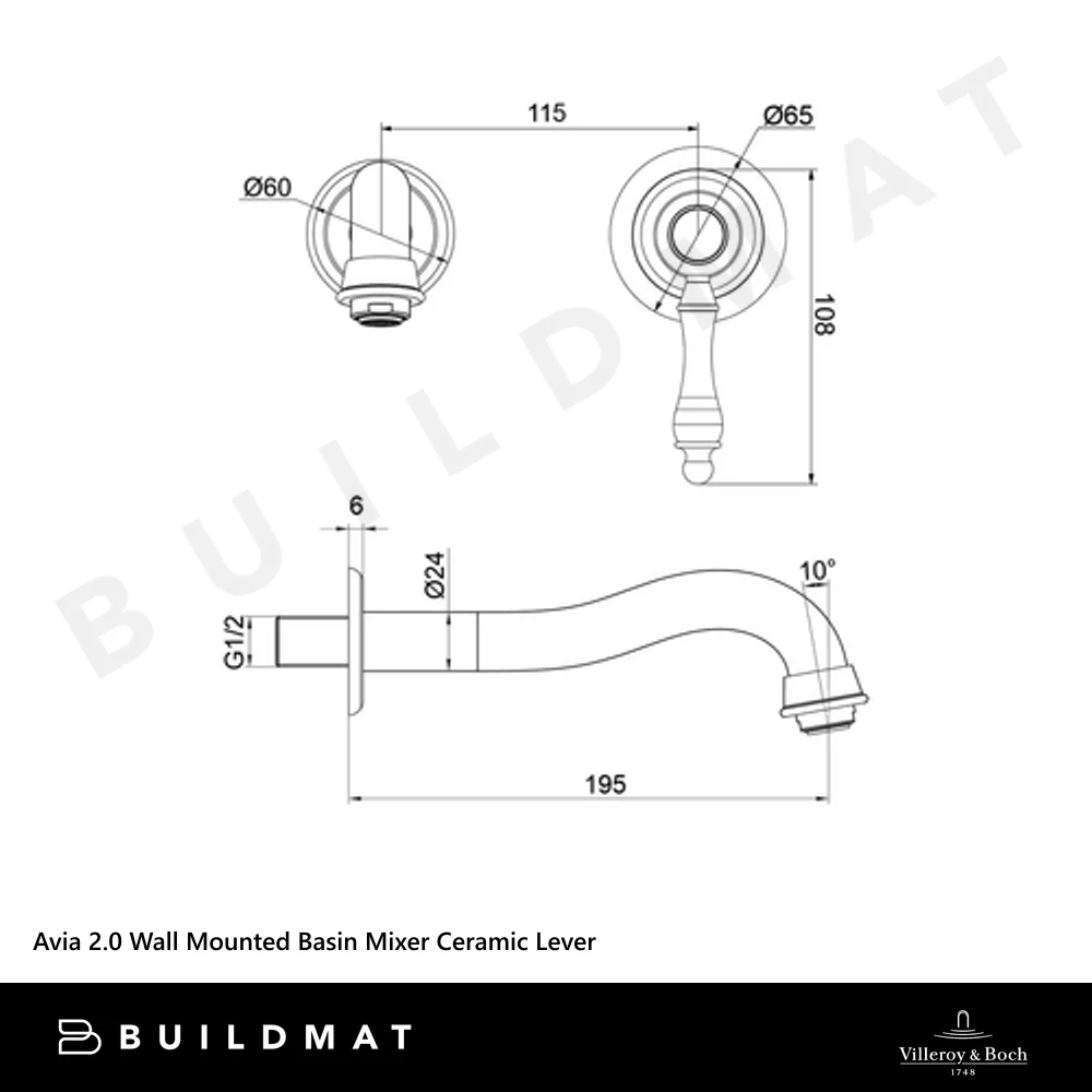Villeroy & Boch Avia 2.0 Wall Mounted Basin Mixer Ceramic Lever Brushed Gold Lead Free - Image 4
