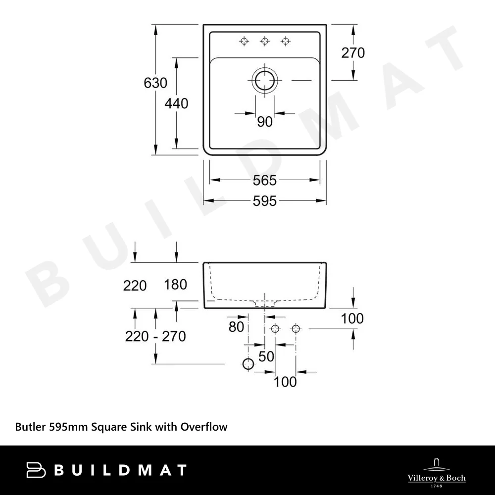 Villeroy & Boch Butler 595mm Square Sink with Overflow Stone White - Image 4