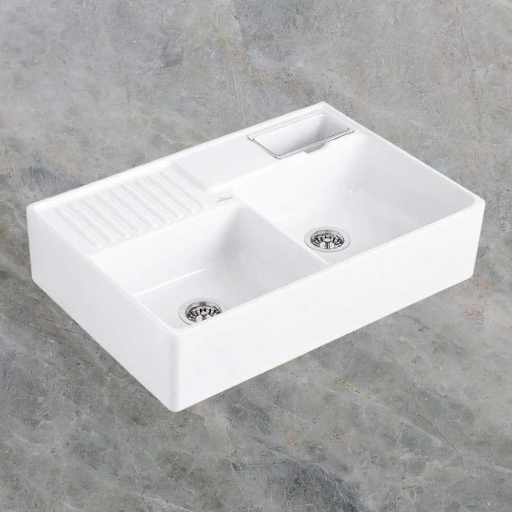 Villeroy & Boch Butler 895mm Rectangular Double Sink with Overflow Stone White - Image 2