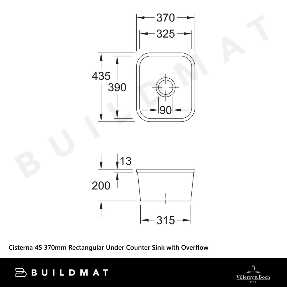Villeroy & Boch Cisterna 45 370mm Rectangular Under Counter Sink with Overflow Pure Black - Image 4