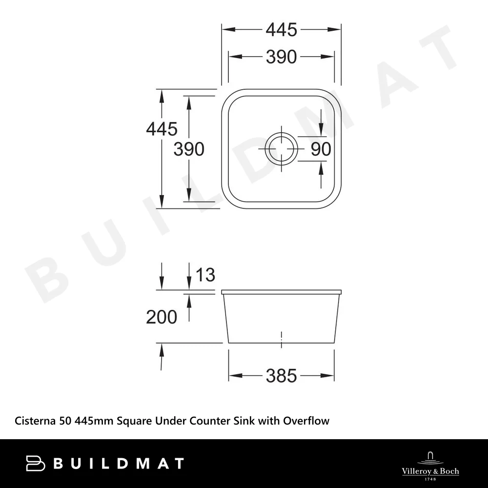 Villeroy & Boch Cisterna 50 445mm Square Under Counter Sink with Overflow Stone White - Image 4