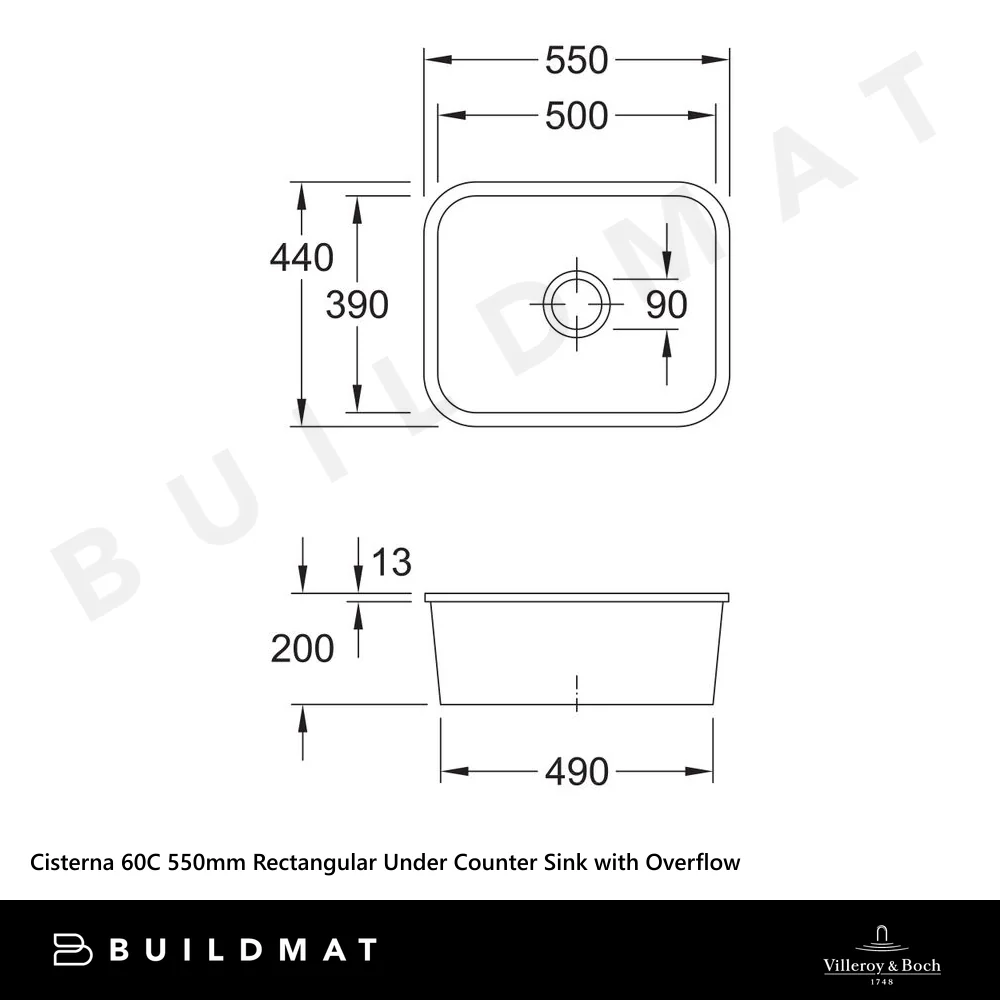 Villeroy & Boch Cisterna 60C 550mm Rectangular Under Counter Sink with Overflow Alpine White - Image 4