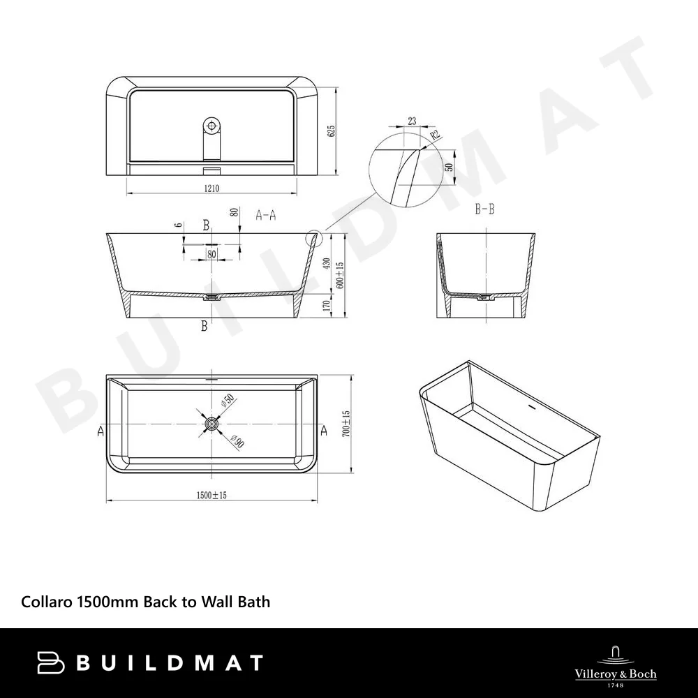 Villeroy & Boch Collaro 1500mm Back to Wall Bath CastStone White - Image 4