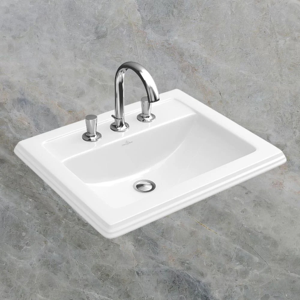 Villeroy & Boch Hommage 630mm Rectangular Drop In Basin with Overflow 3 Tap Holes CeramicPlus Alpine White - Image 2