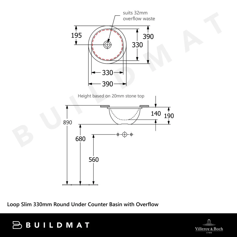 Villeroy & Boch Loop Slim 330mm Round Under Counter Basin with Overflow Stone White - Image 4