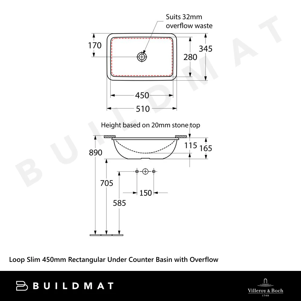 Villeroy & Boch Loop Slim 450mm Rectangular Under Counter Basin with Overflow Stone White - Image 4