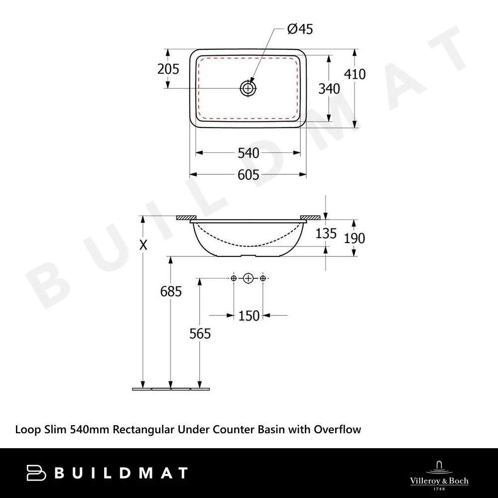 Villeroy & Boch Loop Slim 540mm Rectangular Under Counter Basin with Overflow Pure Black - Image 4