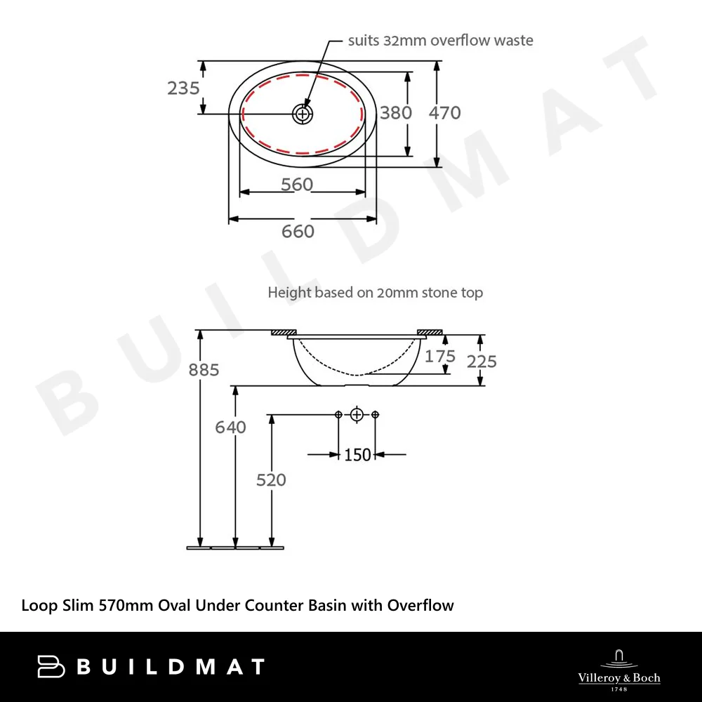 Villeroy & Boch Loop Slim 560mm Oval Under Counter Basin with Overflow Stone White - Image 4